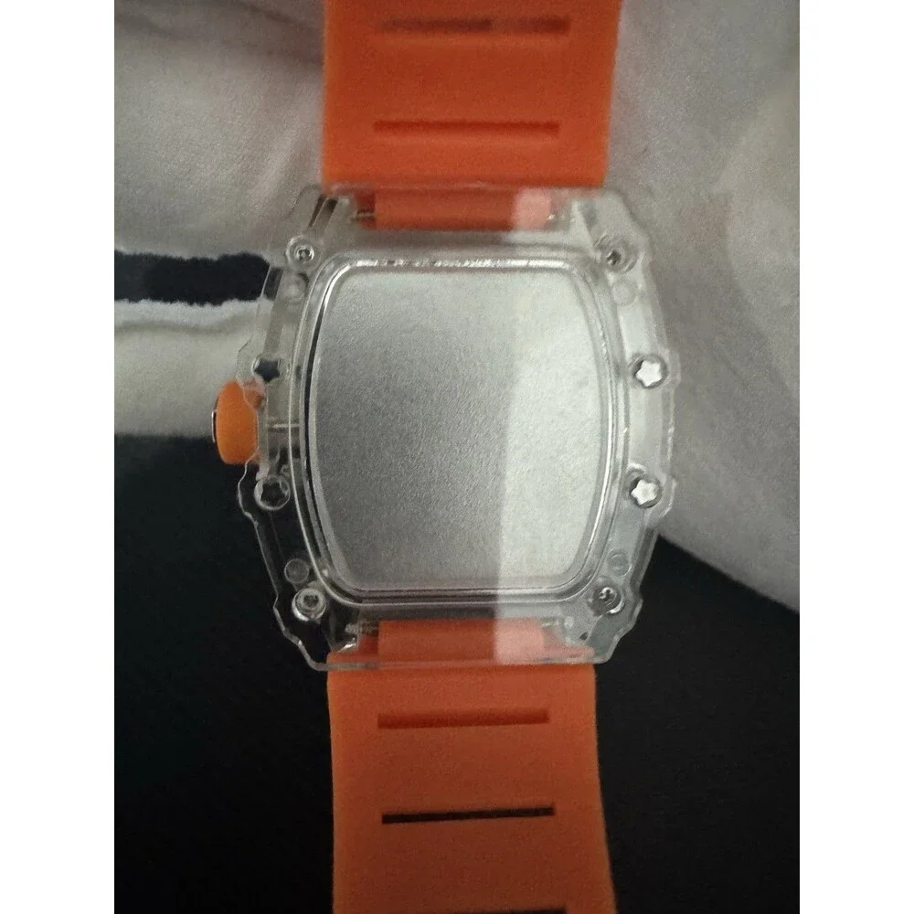 Skeleton Dial Quartz Chronograph Watch Clear Case Orange Rubber Strap